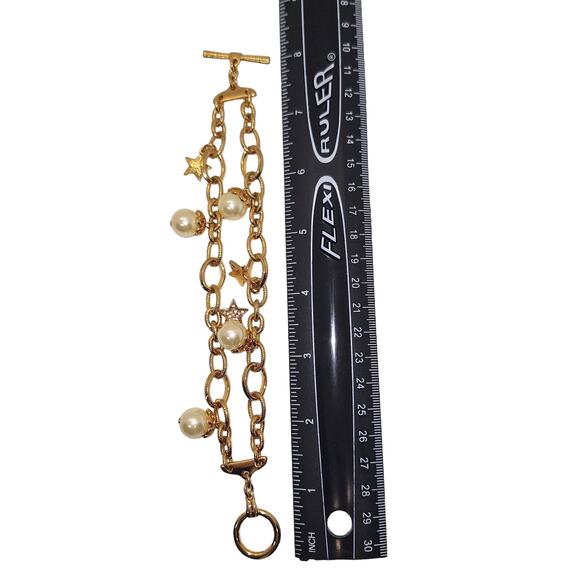 AVON Double Link Chain Bracelet Faux Pearls Star Charms Gold Tone - Picture 4 of 4